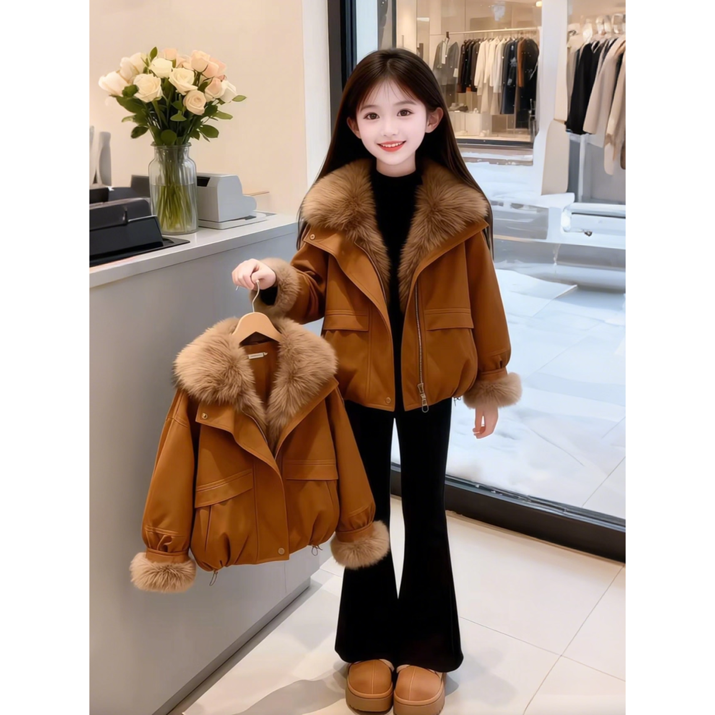 法国BADNUT女童毛毛外套冬季2026新款儿童加绒加厚夹克保暖派克服