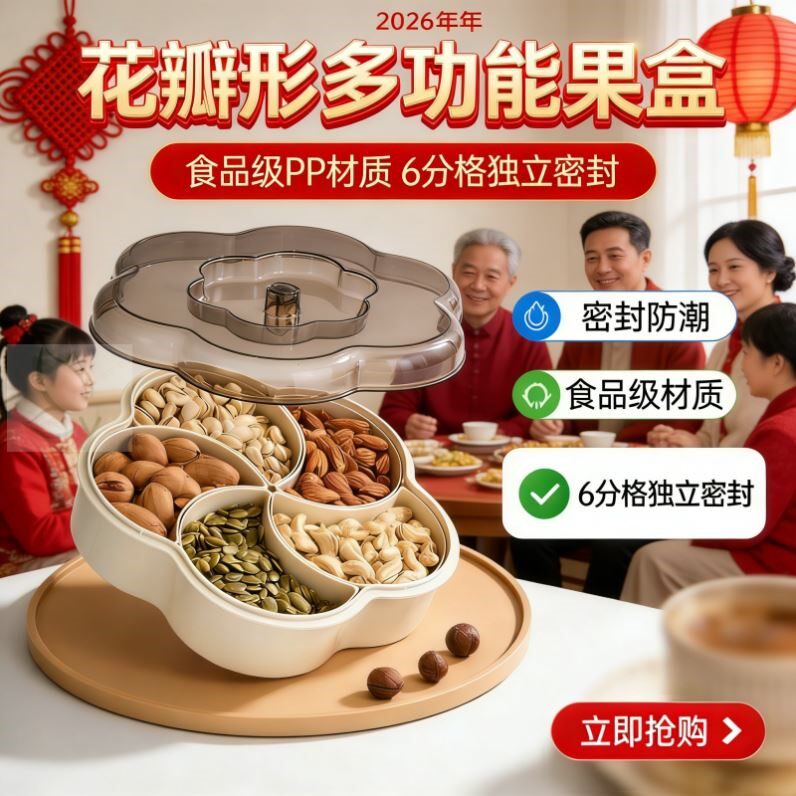 干果盘过年带盖糖果盒家用分格零食盘客厅塑料坚果收纳密封干果盒