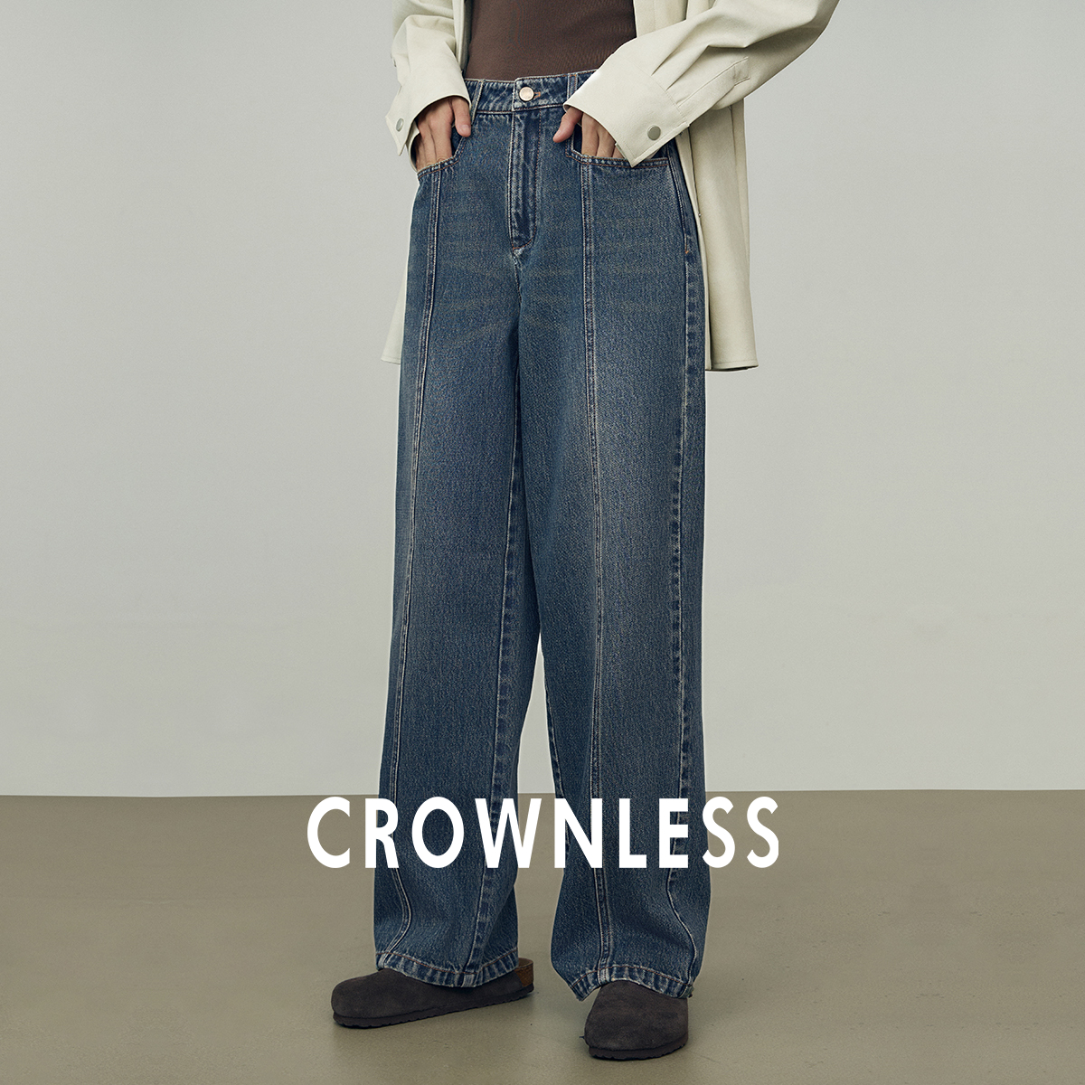 水洗牛仔中缝分割直筒原色牛仔裤