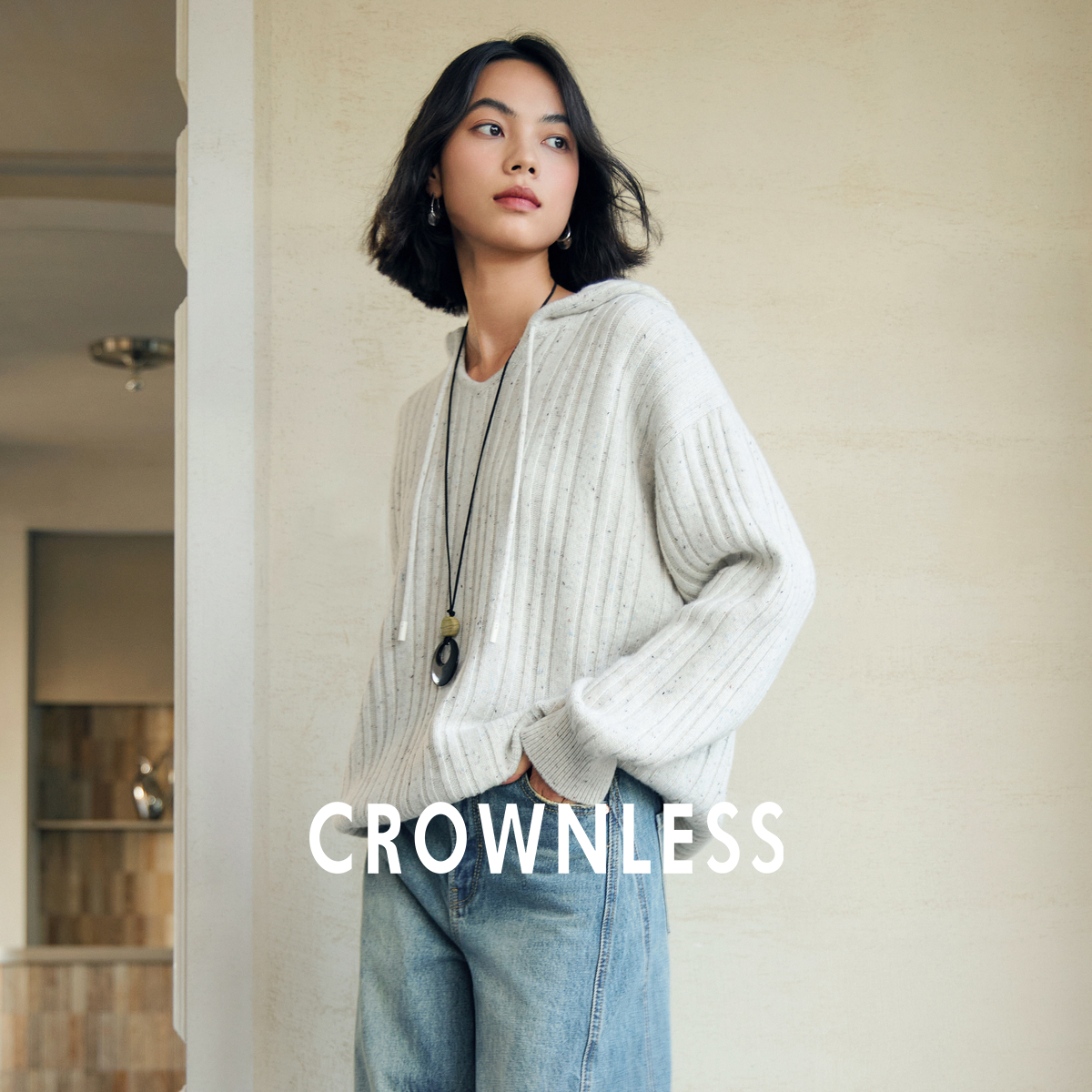 羊毛纱复古坑条连帽廓型卫衣