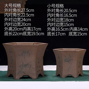 新紫砂兰花盆大号出汗泥透气紫砂花E盆简约六角六方形花盆厂家直