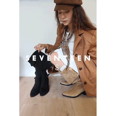 SV17SEVENTEEN大筒围靴子女新款宽筒粗腿长筒靴尖头西部靴堆堆靴