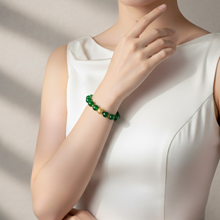珠宝妈妈手链 时尚 AILEQ 925银天然玉髓绿珠串玉绿金色银辉新中式
