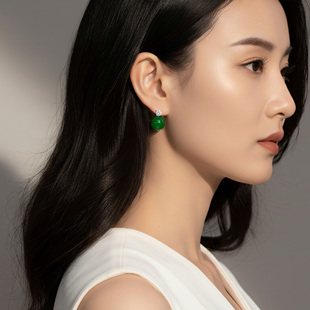 珠宝直播款 复古简约时尚 纯银天然玛瑙玉髓满绿圆珠耳钉中式 AILEQ
