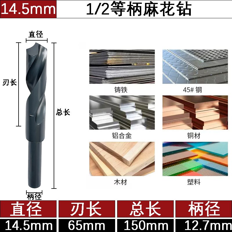 高速钢1/2等柄麻花钻头高硬度强度小柄打孔缩柄钻14 16 18 20mm