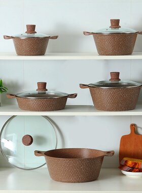 跨境外贸麦饭石铝压铸汤锅炖锅煎锅小砖10件套 一体紫色