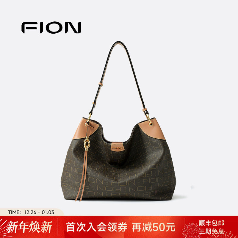 Fion/菲安妮老花托特包2025新款大容量单肩包包女通勤复古斜