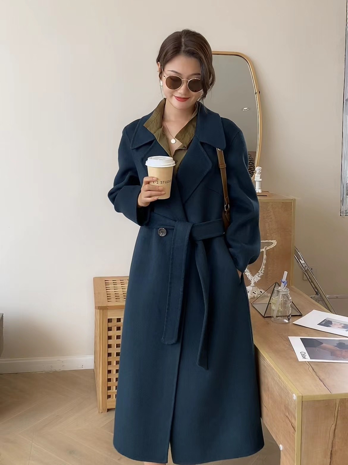 新款墨绿双面羊绒大衣女中长款秋冬季高端高级感羊毛呢外套