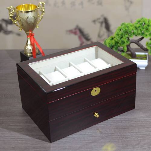 现货 檀木纹双层手表盒木质带锁20位喷漆手表盒烤漆手表收纳盒