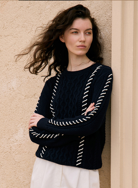 【断码清仓】VER TOW春季撞色手工缴花工艺圆领宽松全棉针织衫