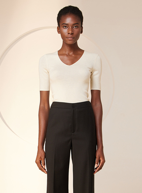 VER TOW复古百搭V领羊毛衫修身三分袖绵羊毛可机洗打底上衣