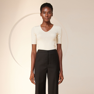 VER TOW复古百搭V领羊毛衫修身三分袖绵羊毛可机洗打底上衣