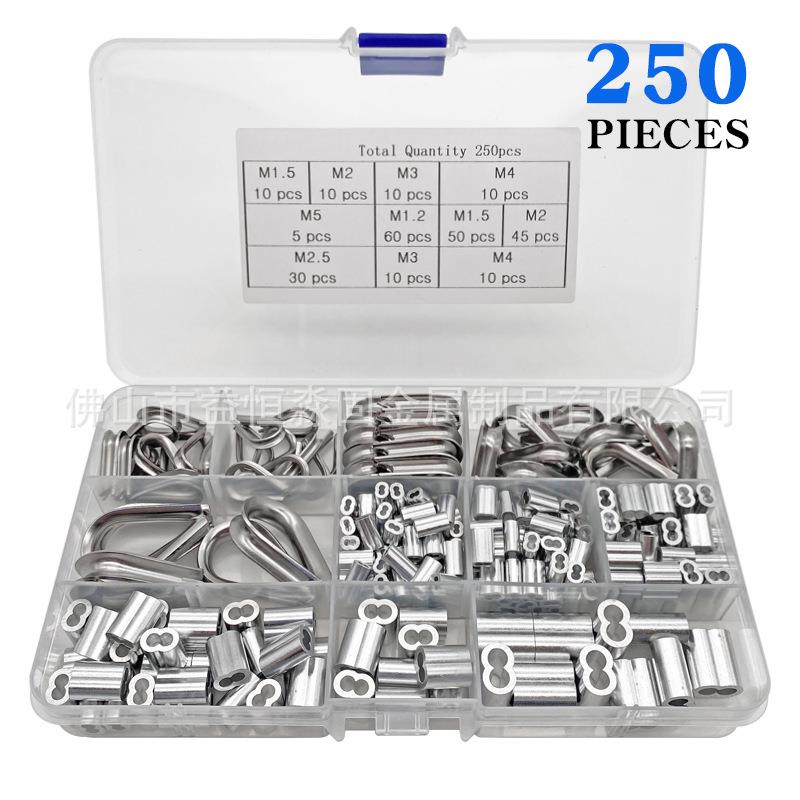 250pcs不锈钢三角鸡心环扣+8字铝管线套组合套装M1.2--M5盒装