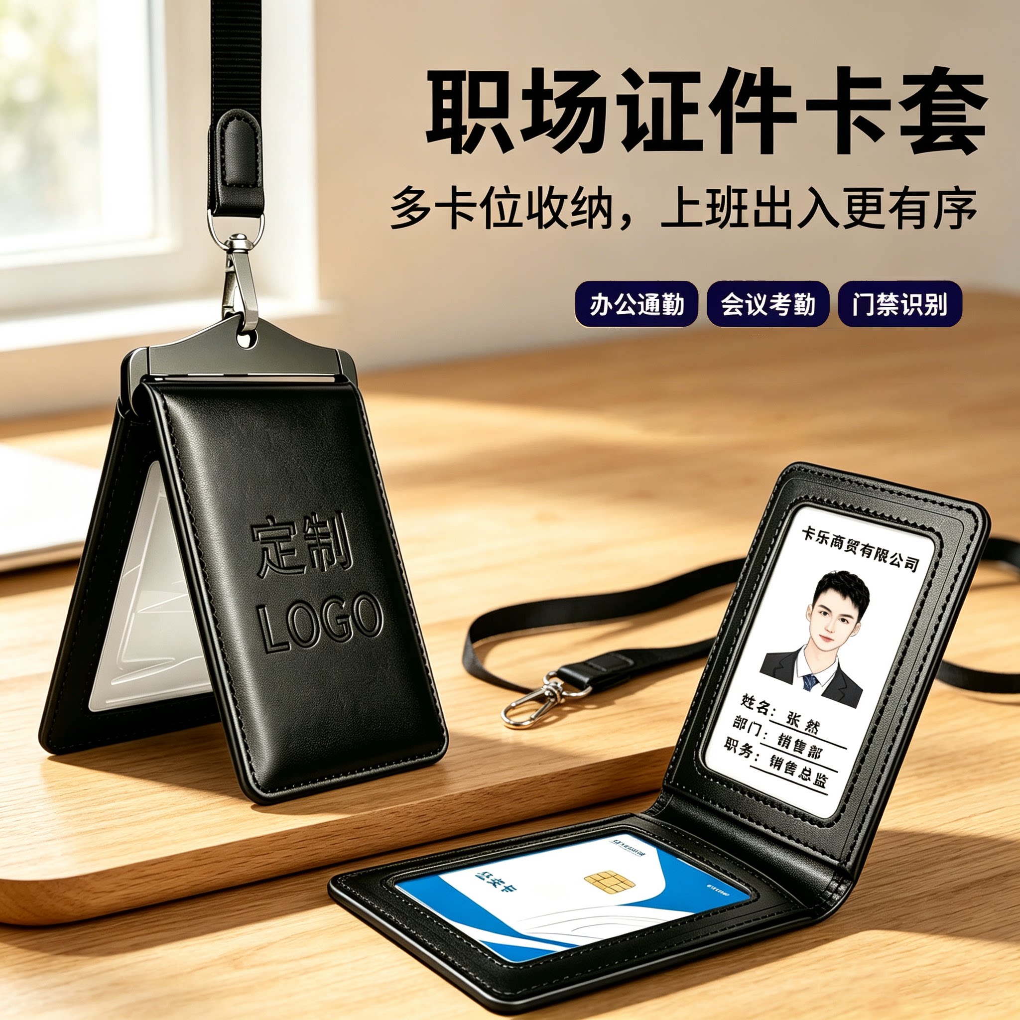 高档折叠真皮工作证证件卡套防消磁不干扰工作牌定制员工单位工牌