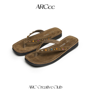 ARCcc WMNS M02宝石金属真皮牛反绒人字拖鞋休闲凉鞋夹脚拖鞋春夏