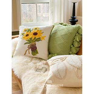 manyuja覆古绿色卧室装饰枕头腰枕头向日葵绣花枕头套不包括芯