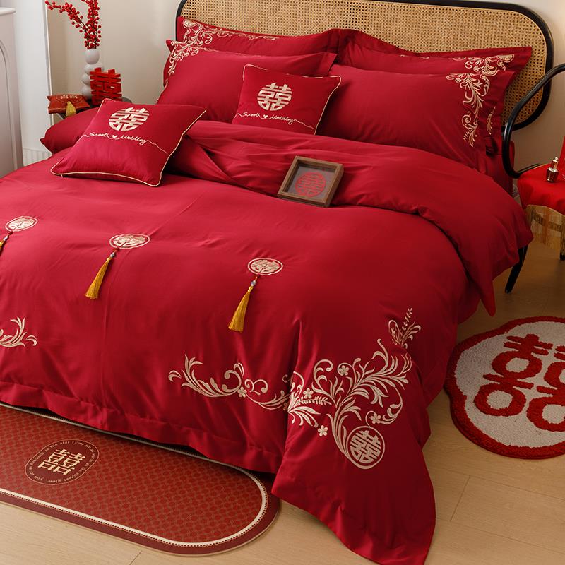 新中式简约刺绣花结婚庆全棉四件套100S纯棉红陪嫁床上喜被套床单