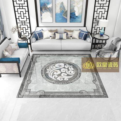 新中式客厅拼花地砖800x800入户玄关祥云图案微晶石水刀拼图瓷砖