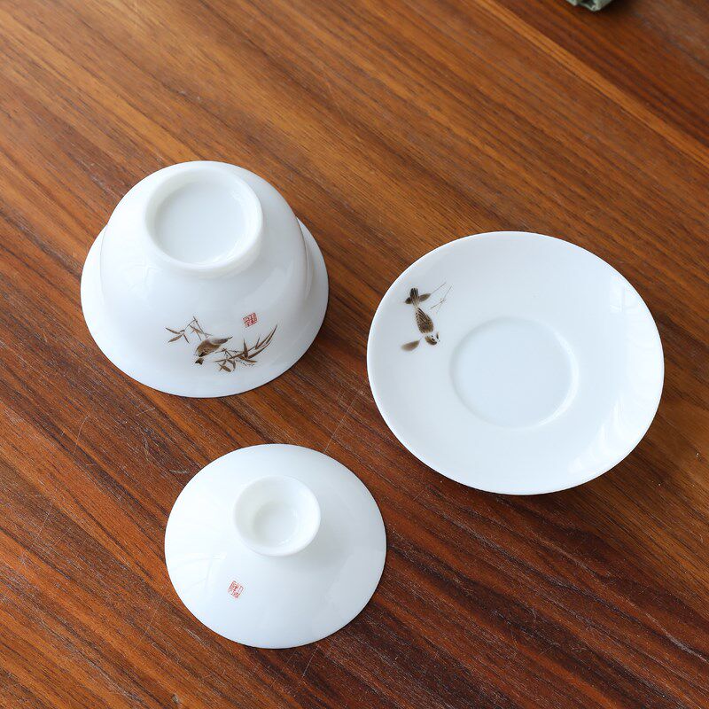 250ml大号三才盖碗黑茶普洱茶具单个北方家用泡茶杯羊脂玉瓷茶碗