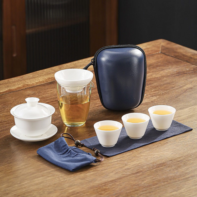 景德镇汝窑羊脂玉旅行茶具套装便携快客杯一壶三杯商务礼品陶瓷