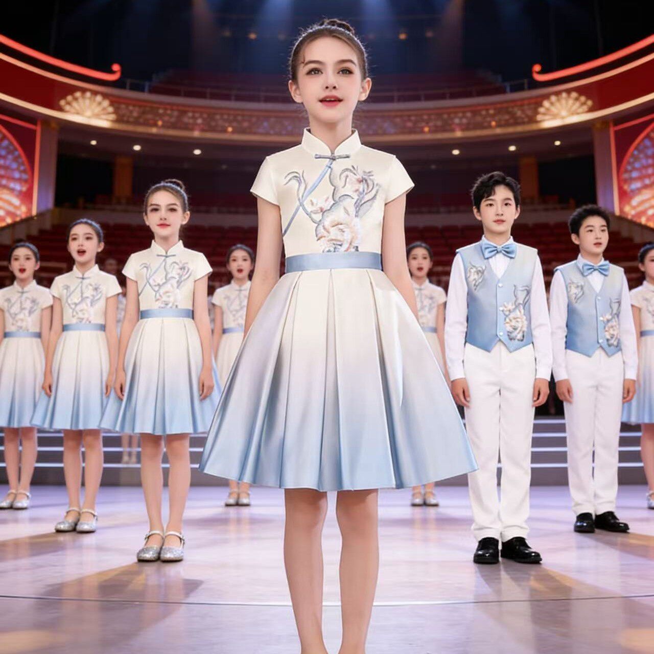 中国风儿童合唱演出服男女童立领刺绣表演服中小学生演讲比赛礼服
