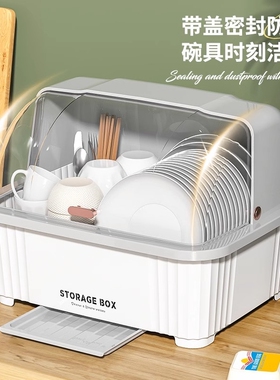 德国收纳盒碗柜带盖装餐具碗盘箱放碗家用置物厨房加厚沥水碗碟架