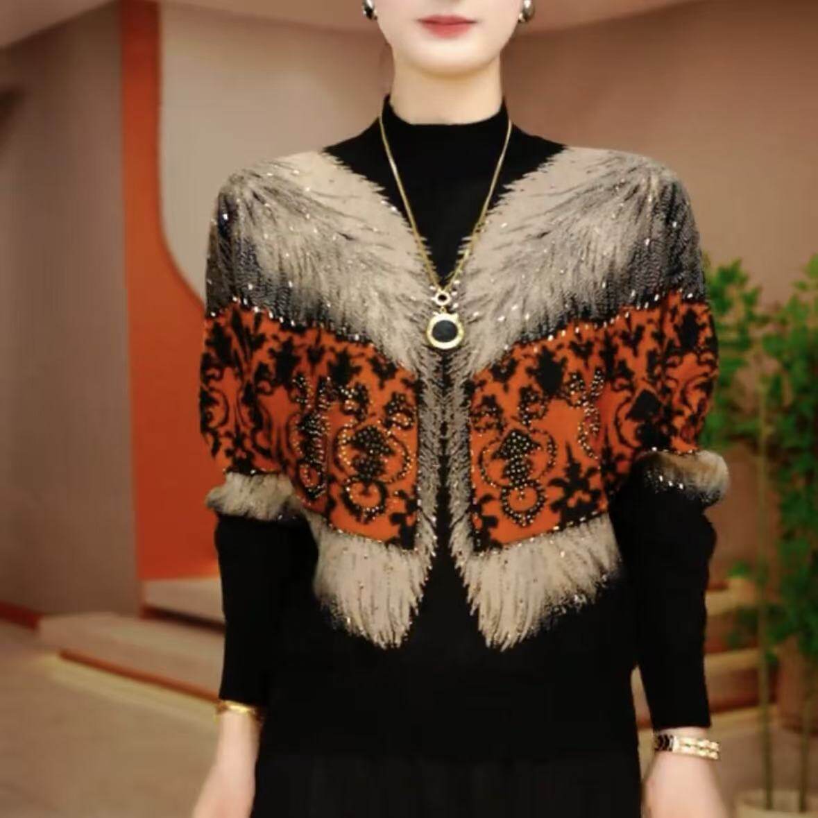 秋冬季宽松百搭拼接气质潮流针织衫中老年妈妈装休闲圆领潮流毛衣