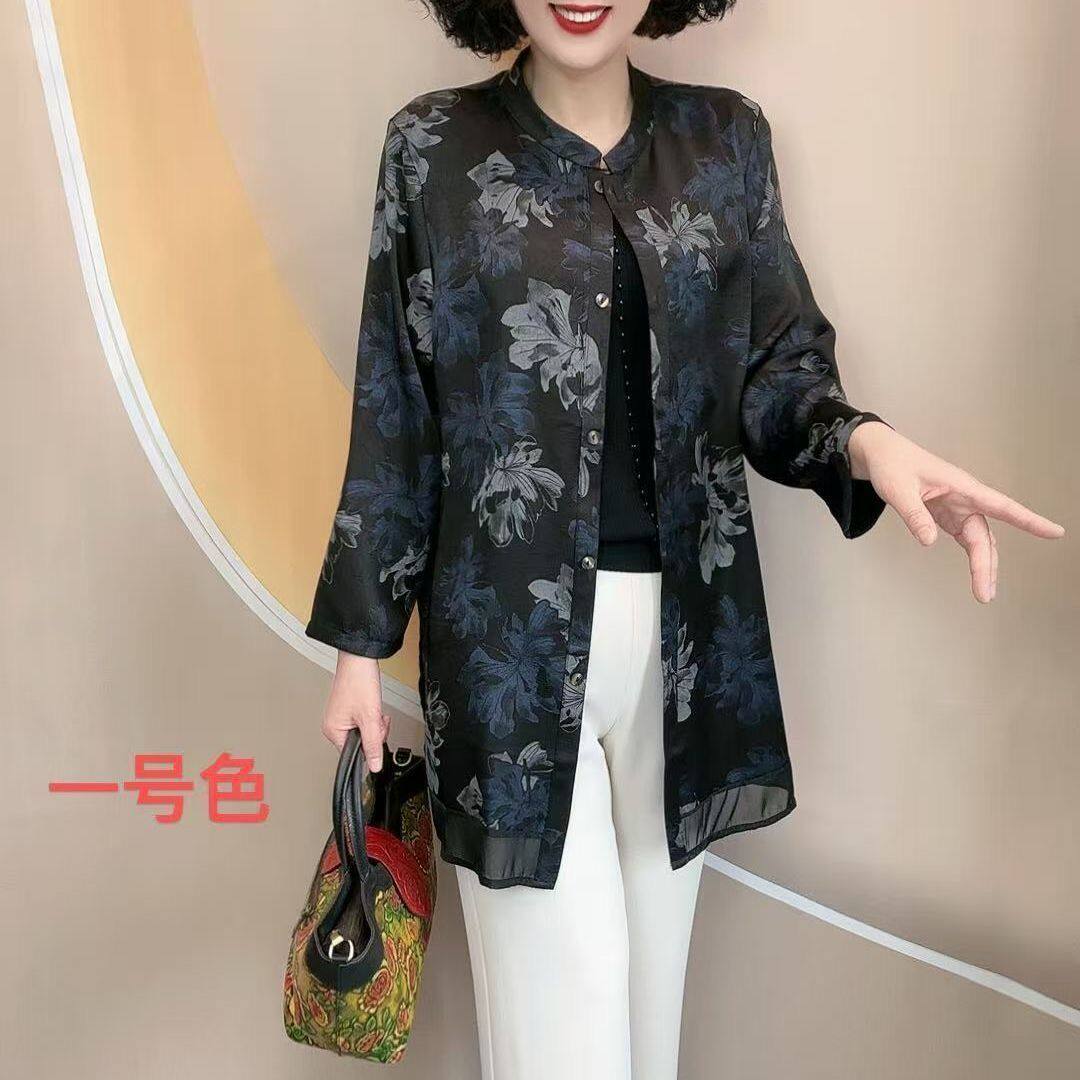 夏季时尚宽松复古中长款显瘦防晒开衫减龄中老年休闲遮肉薄款衬衫