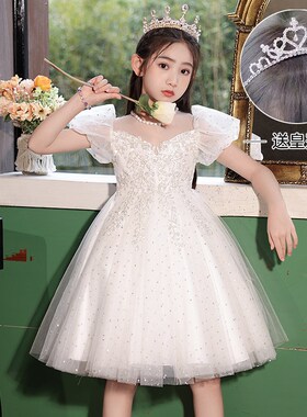 儿童礼服公主裙小女孩白色花童婚纱高端女童钢琴演奏主持人演出服