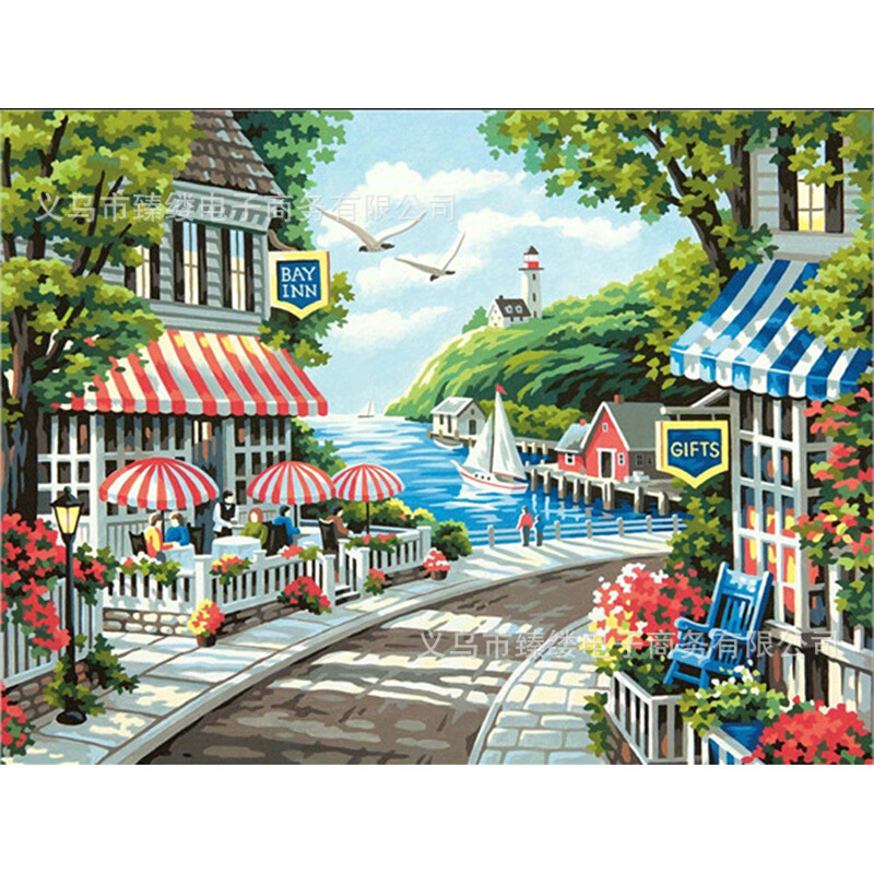 5d钻石画diy满钻海边小镇装饰马赛克简约装饰贴钻十刺绣帆布画图片