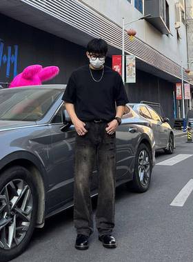 DAL 重磅黑色宽松直筒牛仔裤男破坏刮烂拖地裤美式复古高街阔腿裤