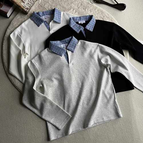 Xanvas浅蓝miu系格纹拼接polo领洛卡抗皱空气层长袖T恤cleanfit