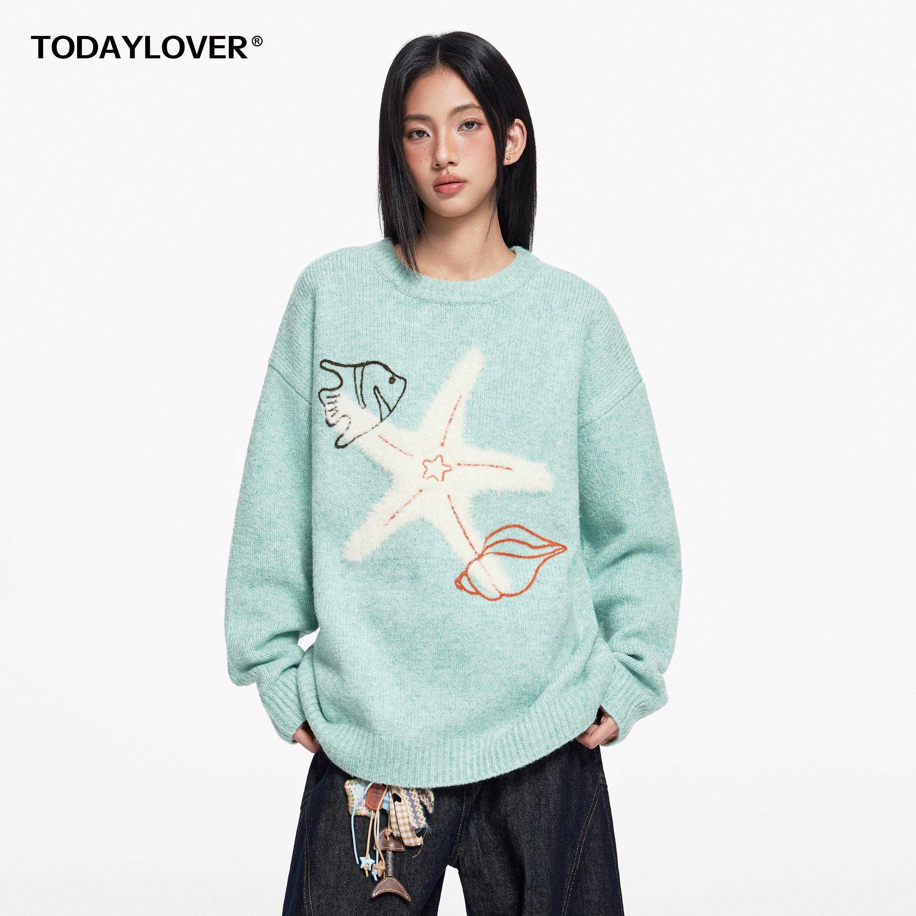 TODAYLOVER海星刺绣圆领毛衣女冬季羊毛cleanfit慵懒风套头针织衫