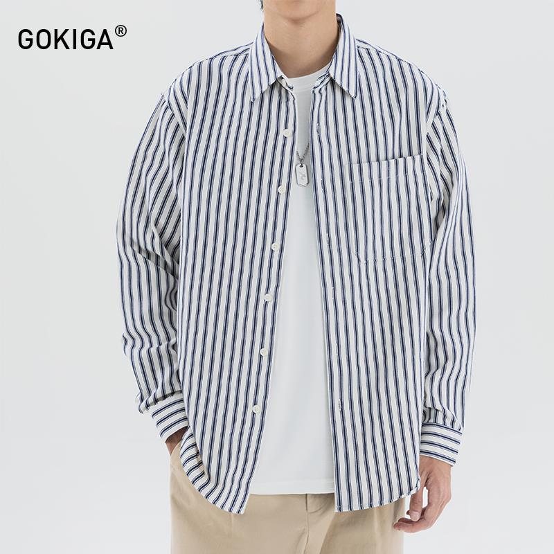 GOKIGA日系复古竖细条纹长袖衬衫男潮宽松休闲翻领衬衣外套秋6179