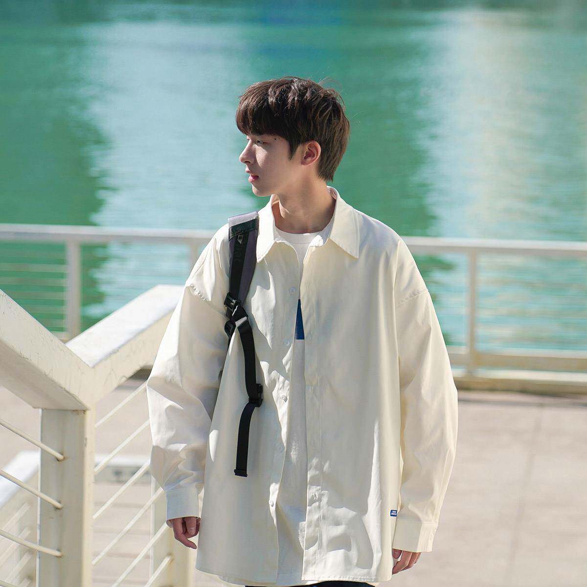 春秋装长袖衬衫车标贴纯色衬衫港味宽松学生基础款打底衫男生外套