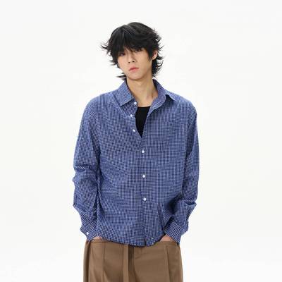 尾郎的店美式覆古蓝色格子长袖衬衫男高级感痞帅学院风衬衫外套潮