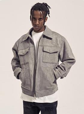 CWHAT高街彷麂皮双口袋潮牌覆古春秋宽松拉炼 炼 休闲 夹克纯色外