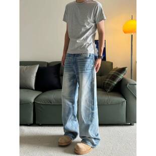 Sellscream美式冰蓝高街cleanfit做旧复古猫须洗水直筒宽松牛仔裤