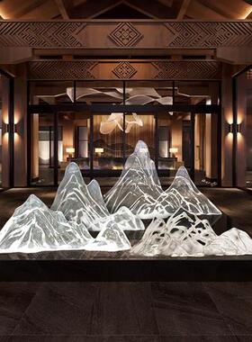 中式透明树脂假山摆件酒店客厅玄关大型创意落地软装饰品开业雕塑