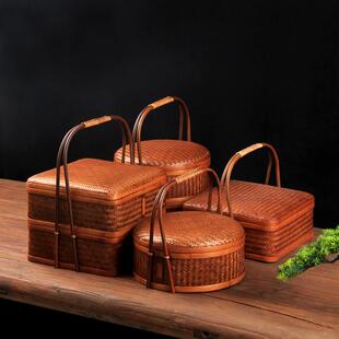 覆古竹篮手工竹编单双层圆形食盒茶具收纳礼盒糕点筐中式古风提篮