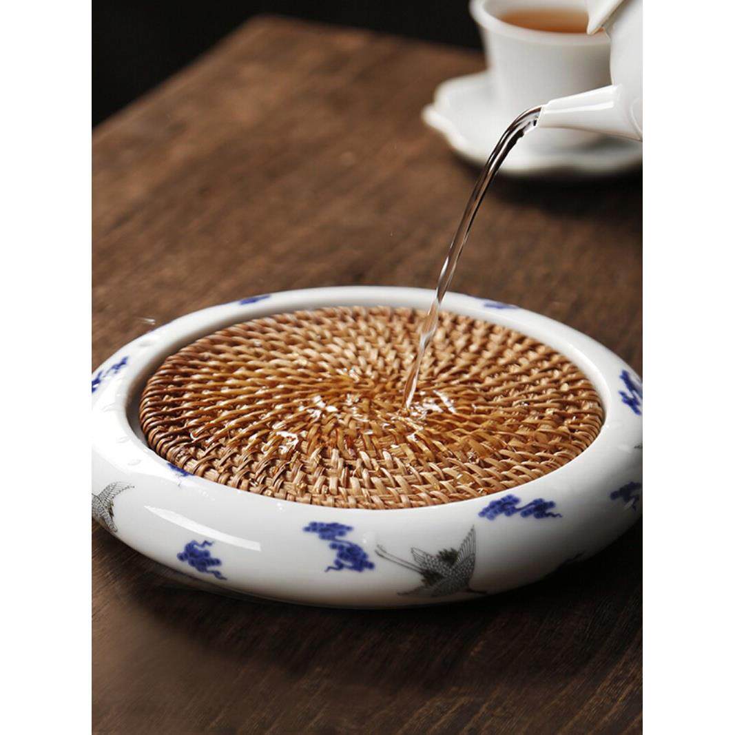 陶瓷藤编壶承紫砂养壶垫干泡台小茶盘壶托呈功夫茶具茶道配件底座