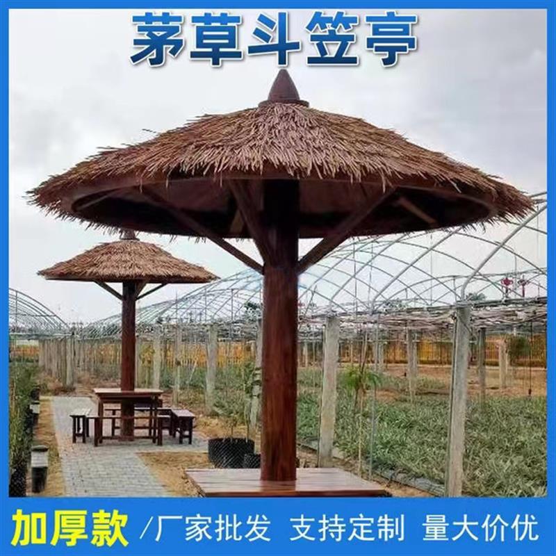 户外蘑菇亭防腐木塑料稻草 仿真茅草亭 实木单柱圆亭子伞亭斗笠亭