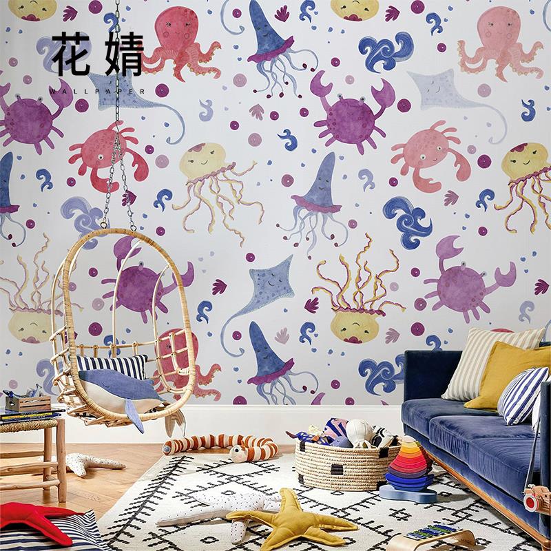 北欧海洋墙纸儿童房卧室壁纸男孩女孩背景墙布壁布ins风定制壁画