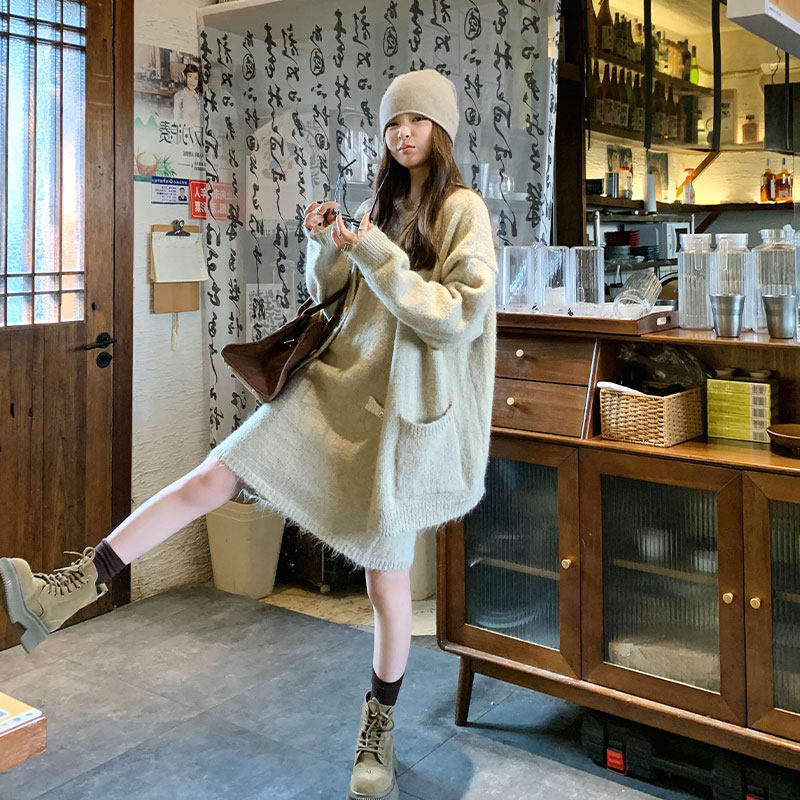 外贸出口转内销法式针织毛衣开衫连衣裙套装女秋慵懒风宽松显瘦背