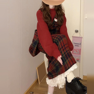 外贸出口转内销红色格子背带连衣裙子女秋冬季新款新穿搭过战袍毛