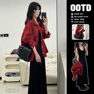 外贸出口转内销韩系氛围感穿搭女春秋新款气质绝美牛仔衬衫背心连