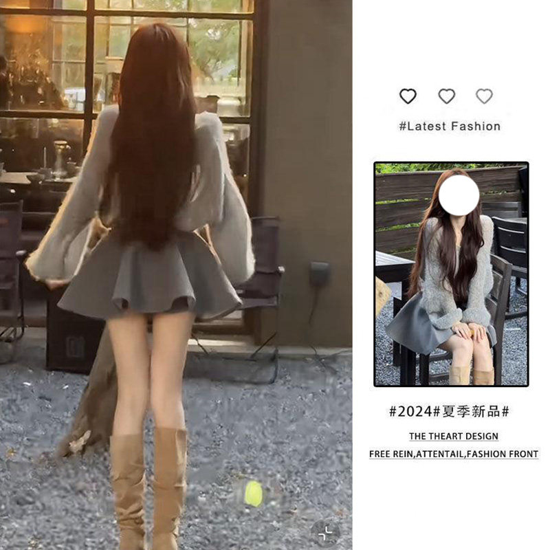 外贸出口转内销网红爆款减龄套装女款秋季新款小个子针织罩衫气质
