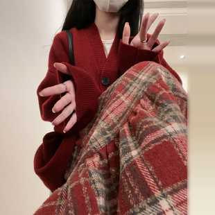 外贸出口转内销红色毛衣格子连衣裙子女秋冬季新款韩系穿搭新过战