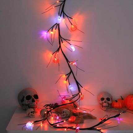 跨境万圣节灯串藤条灯鬼节蝙蝠装饰灯黑色树枝led灯串室内装饰灯