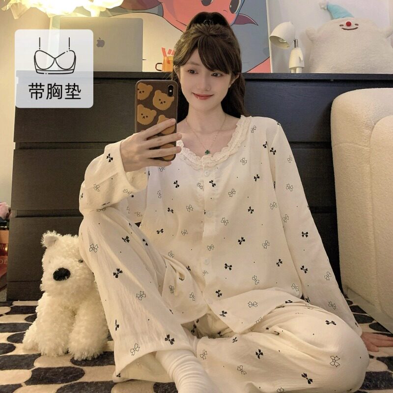 春季新款睡衣女长袖长裤开衫蕾丝花边卡通可爱家居服套装可外穿a